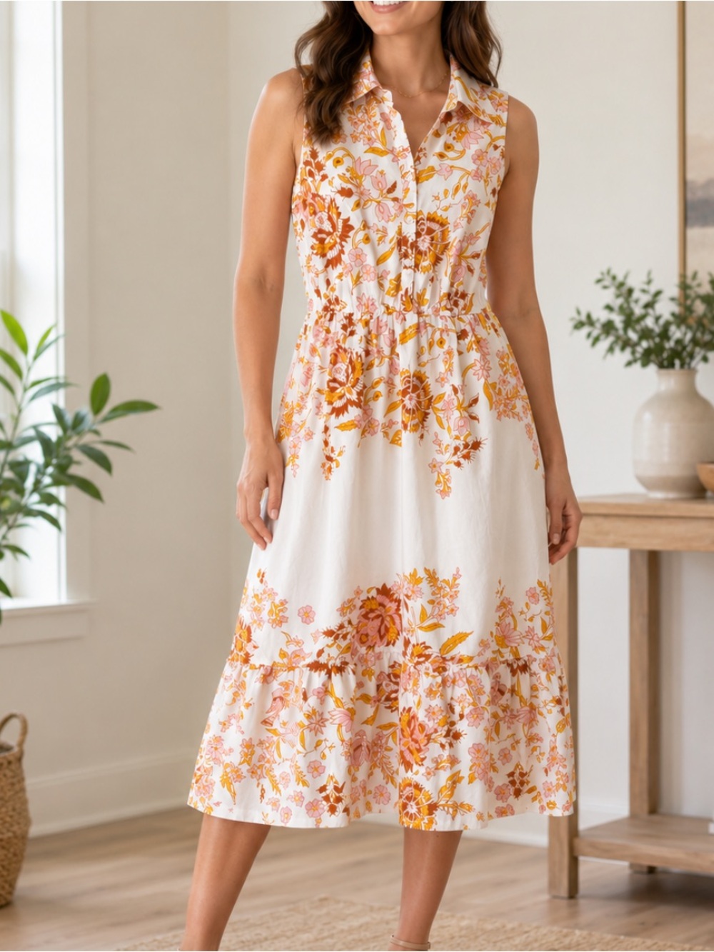 Dress Nado Sleeveless White Floral Midi Dress